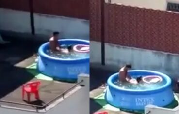 Casada fogosa cavalgando no pau duro na piscina enquanto vizinhos espião filmam